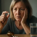 Žena premýšľa o vedľajších účinkoch liekov, medailónový efekt