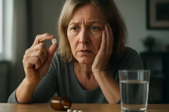 Žena premýšľa o vedľajších účinkoch liekov, medailónový efekt