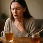 Žena s bolesťou hrdla a teplým čajom s medom na stole.