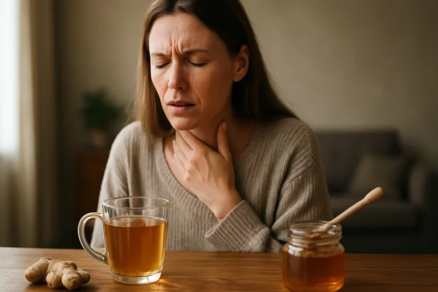 Žena s bolesťou hrdla a teplým čajom s medom na stole.