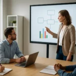 Prezentácia pred interaktívnou tabuľou s grafmi a účastníkmi.