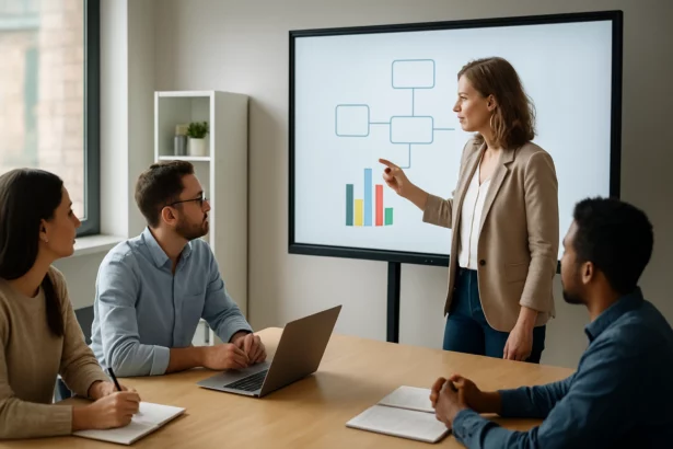 Prezentácia pred interaktívnou tabuľou s grafmi a účastníkmi.