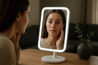 Žena pred elektrickým zrkadlom s osvetlením, v domácom prostredí.