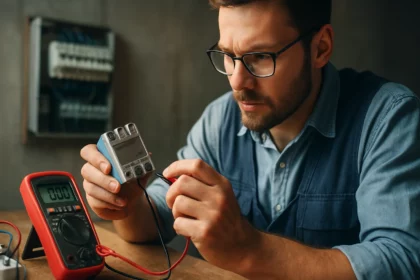 Muž meria elektrické hodnoty s multimetrom a SSR reléom.