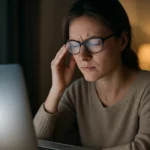 Žena trpiaca bolesťami hlavy pri práci na počítači v noci.
