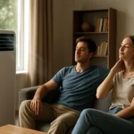 Pár relaxuje pri stojacej klimatizácii v obývacej izbe.