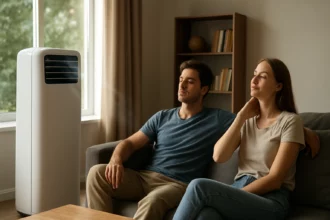 Pár relaxuje pri stojacej klimatizácii v obývacej izbe.
