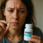 Žena drži tabletku Xanax a fľašu, znepokojený výraz.