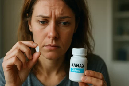 Žena drži tabletku Xanax a fľašu, znepokojený výraz.