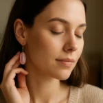 Žena s ruženínovými náušnicami vyžaruje jemnosť a harmóniu.