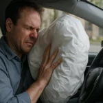 Muž so zapnutým bezpečnostným pásom a airbagom vo vozidle.