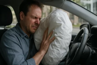 Muž so zapnutým bezpečnostným pásom a airbagom vo vozidle.