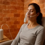 Žena používa soľnú inhaláciu pre zdravie dýchacích ciest.