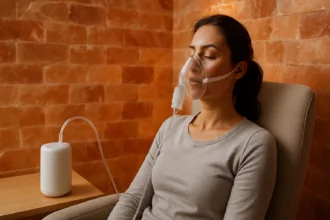 Žena používa soľnú inhaláciu pre zdravie dýchacích ciest.