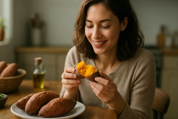 Žena s nadšením skúša sladké zemiaky v domácnosti.
