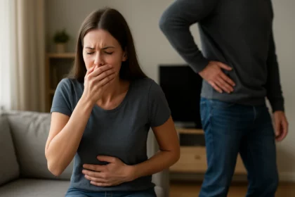 Mladá žena so záchvatom nevoľnosti, muži v pozadí