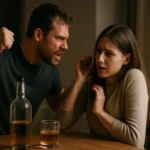 Muž vyjadrujúci agresiu voči žene počas pitia alkoholu.