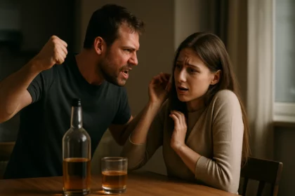 Muž vyjadrujúci agresiu voči žene počas pitia alkoholu.