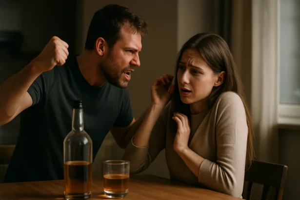 Muž vyjadrujúci agresiu voči žene počas pitia alkoholu.