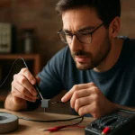 Muž testuje magnetický senzor s multimetrom v laboratóriu.