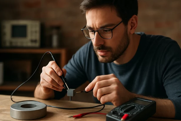 Muž testuje magnetický senzor s multimetrom v laboratóriu.