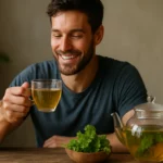 Muž vychutnáva alchemilka čaj pre zdravie a vitalitu