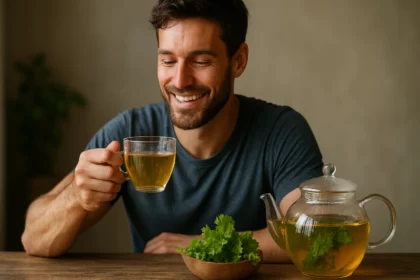 Muž vychutnáva alchemilka čaj pre zdravie a vitalitu