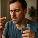 Muž zamyslený nad cínovou tabletou a pohárom vody