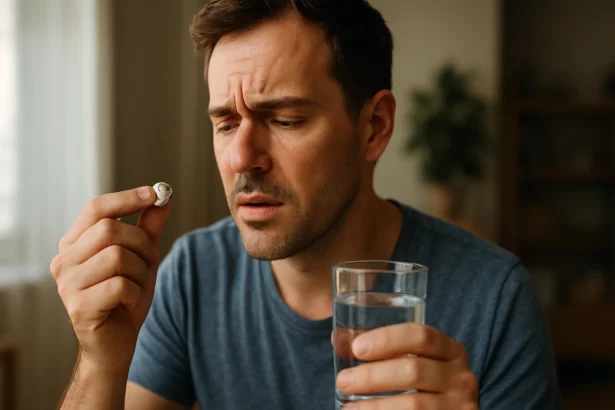 Muž zamyslený nad cínovou tabletou a pohárom vody