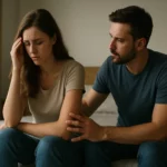 Muž a žena diskutujú o výzvach v manželstve na posteli.