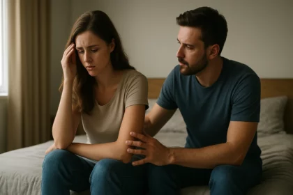 Muž a žena diskutujú o výzvach v manželstve na posteli.