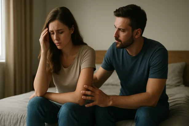 Muž a žena diskutujú o výzvach v manželstve na posteli.