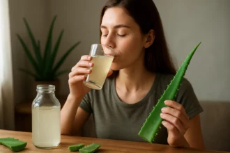 Žena pije Aloe Vera gél pre zdravie a hydratáciu!