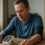 Muž sleduje hodnoty krvného tlaku pomocou monitoru.