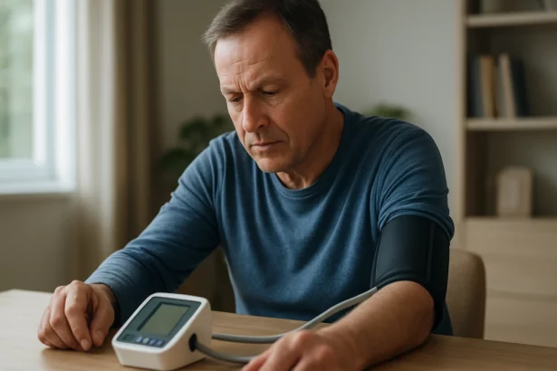 Muž sleduje hodnoty krvného tlaku pomocou monitoru.