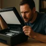 Muž skúma dobskenner, moderné zariadenie na digitalizáciu dokumentov.