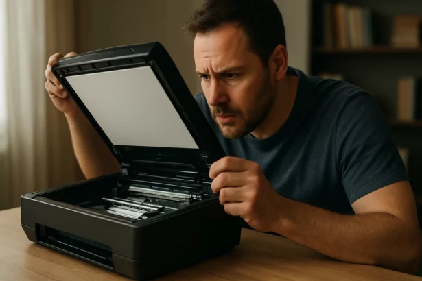 Muž skúma dobskenner, moderné zariadenie na digitalizáciu dokumentov.