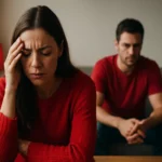 Žena v červenom svetri so zlým výrazom, muž za ňou v pozadí.