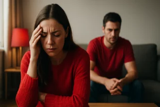 Žena v červenom svetri so zlým výrazom, muž za ňou v pozadí.