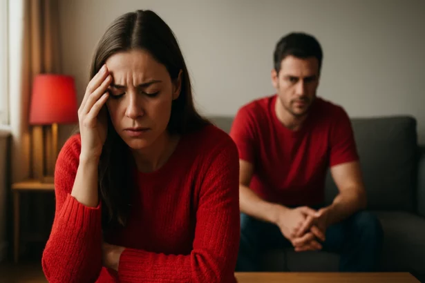 Žena v červenom svetri so zlým výrazom, muž za ňou v pozadí.