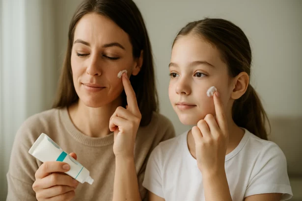 Matka a dcéra aplikujú Cicaplast na pokožku pre obnovu a hydratáciu.