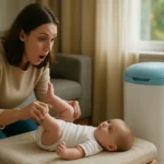 Rodič mení plienku svojmu dieťaťu pri Angelcare koši na plienky.