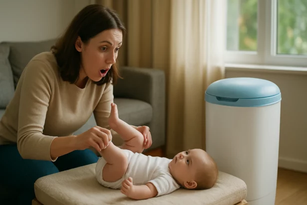 Rodič mení plienku svojmu dieťaťu pri Angelcare koši na plienky.