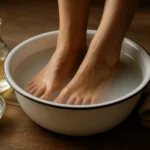 Nožný kúpeľ s octom a soľou na relaxáciu a zdravie nôh.