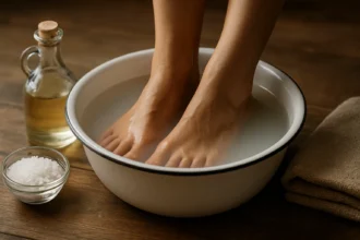 Nožný kúpeľ s octom a soľou na relaxáciu a zdravie nôh.
