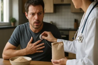 Muži sa prekvapene pozerajú na lekára s cholesterolovou múkou