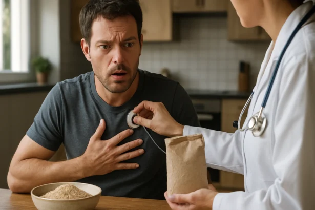 Muži sa prekvapene pozerajú na lekára s cholesterolovou múkou