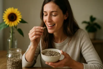 Žena si vychutnáva slnečnicové semienka v bielej miske.