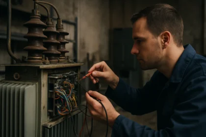 Technik analyzuje elektronický transformátor v priemyselnom prostredí.