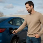 Muž nabíjajúci hybridné auto na parkovisku.